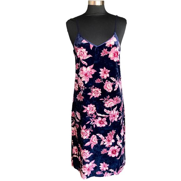 Banjara Midnight Blue Pink Floral Velvet Midi Slip Dress LG Fairy Dark Cottage - Picture 1 of 9
